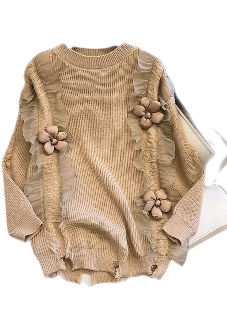 Khaki Patchwork Knit Short Sweater Three Dimensional Flowers Spring