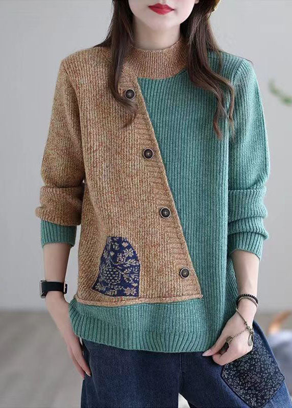 Khaki Patchwork Knit Sweater Tops Asymmetrical Design Applique Winter