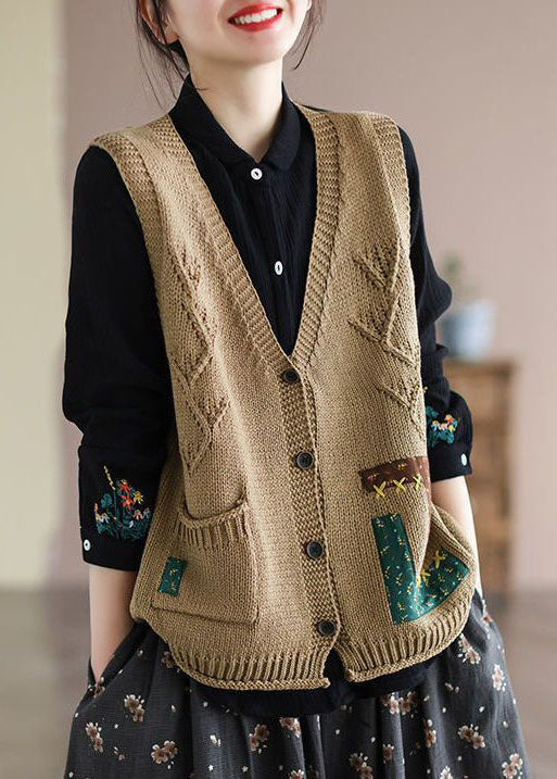 Khaki Patchwork Knit Womens Vest Applique Pockets Spring