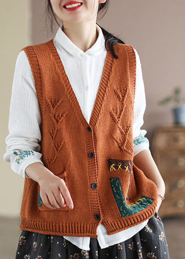 Khaki Patchwork Knit Womens Vest Applique Pockets Spring