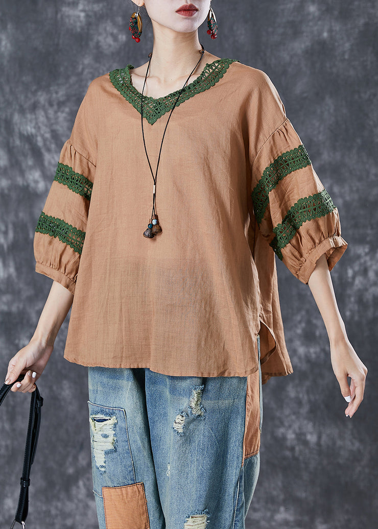 Khaki Patchwork Linen Blouse Top V Neck Hollow Out Puff Sleeve