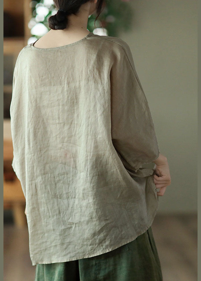 Khaki Patchwork Linen Loose Blouse Tops Print Batwing Sleeve