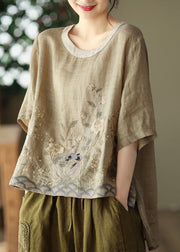 Khaki Patchwork Linen Tanks Oversized Low High Design Linen Summer