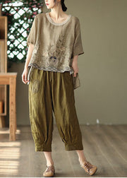 Khaki Patchwork Linen Tanks Oversized Low High Design Linen Summer