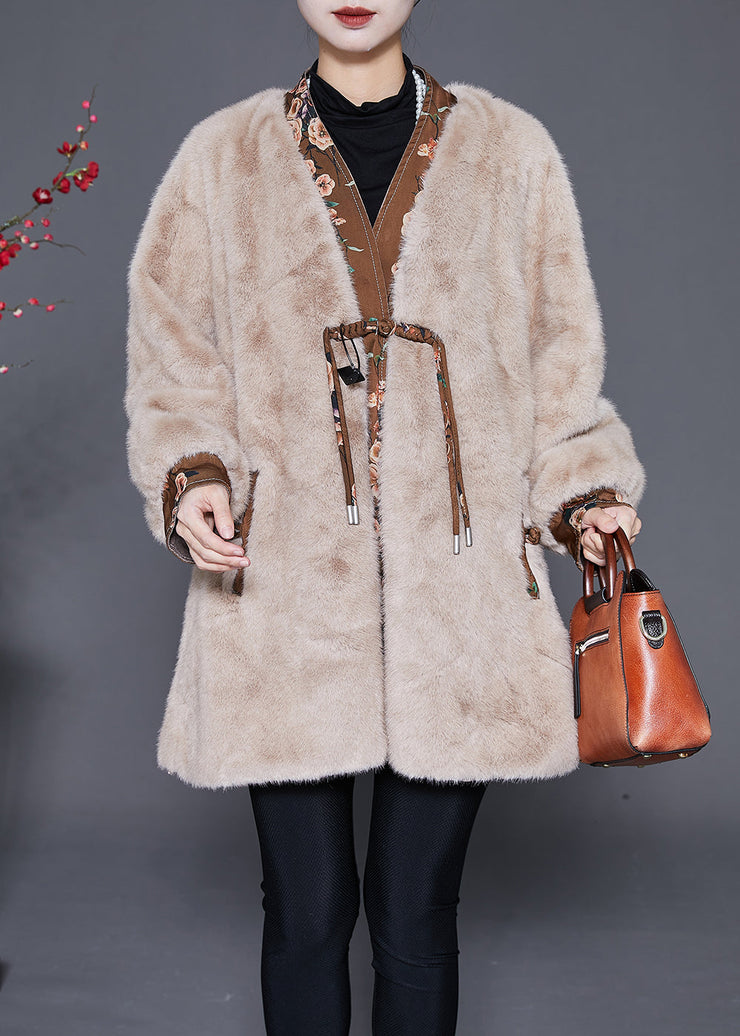 Khaki Patchwork Mink Velvet Coats Tasseled Chinese Button Winter