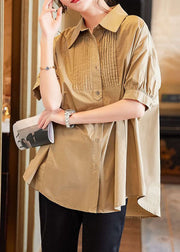 Khaki Patchwork Shirts Cotton Top Peter Pan Collar Wrinkled Short Sleeve