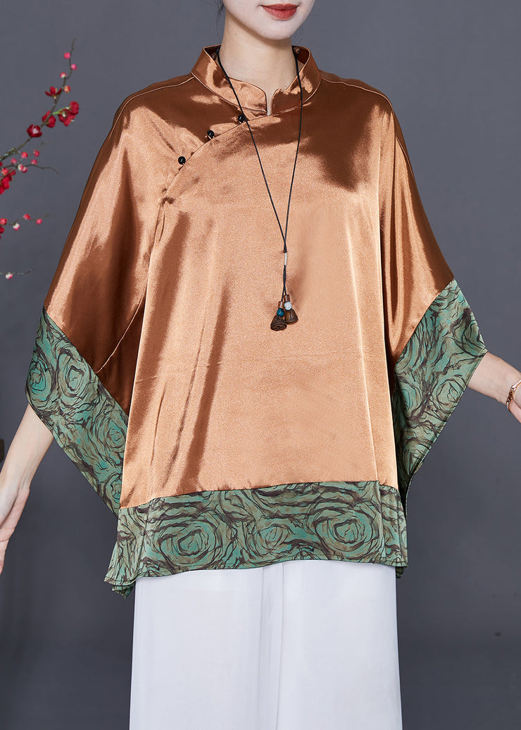 Khaki Patchwork Silk Shirt Top Mandarin Collar Batwing Sleeve