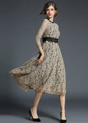 Khaki Patchwork Slim Fit Lace Long Dresses Wrinkled Bracelet Sleeve