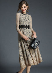 Khaki Patchwork Slim Fit Lace Long Dresses Wrinkled Bracelet Sleeve