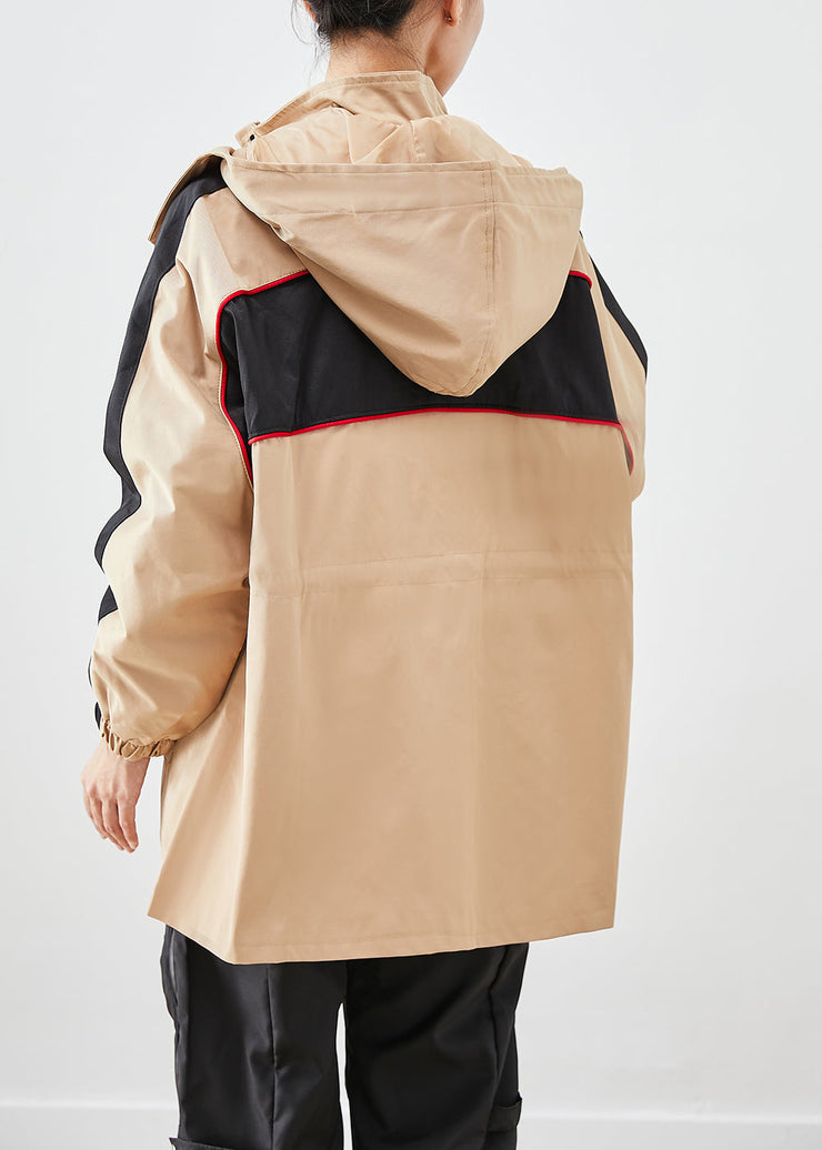 Khaki Patchwork Spandex Jacket Oversized Hooded Fall