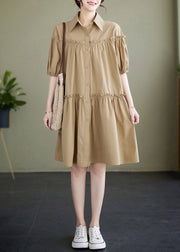 Khaki Peter Pan Collar Button Cotton Mid Dress Short Sleeve