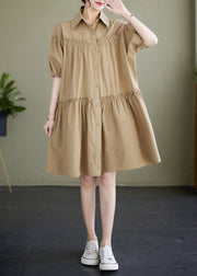 Khaki Peter Pan Collar Button Cotton Mid Dress Short Sleeve