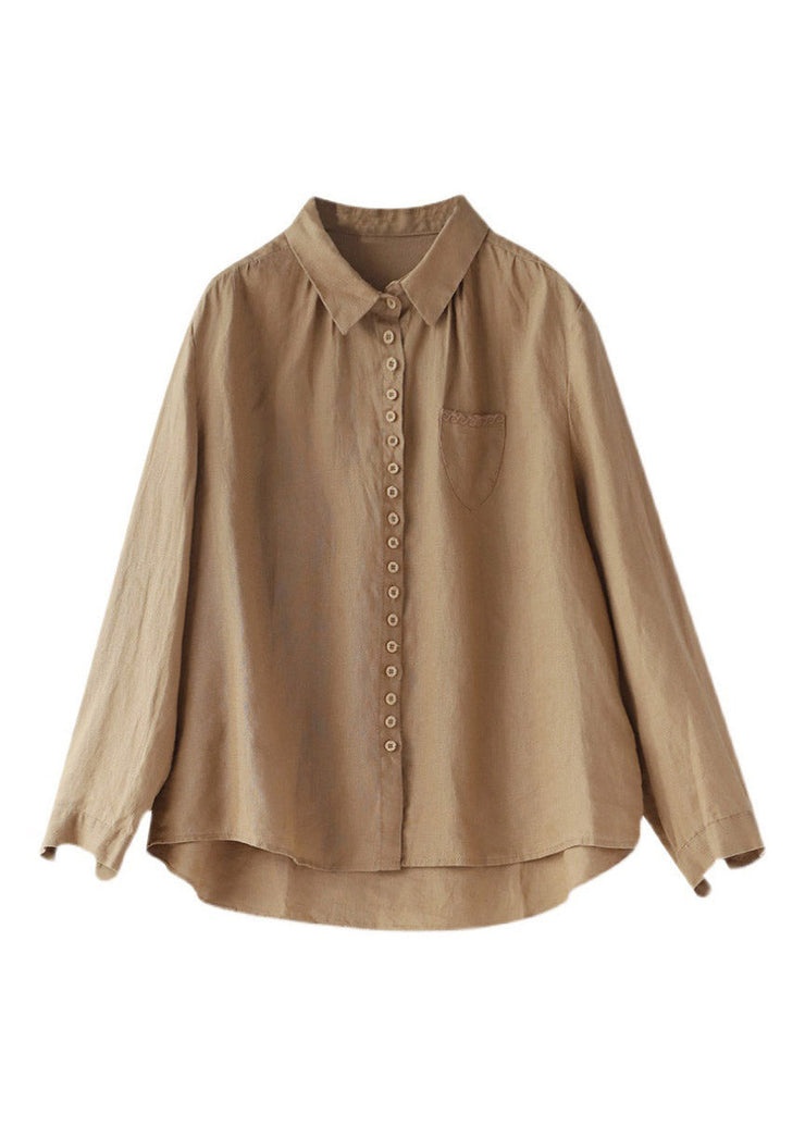 Khaki Peter Pan Collar Button Linen Shirt Long Sleeve