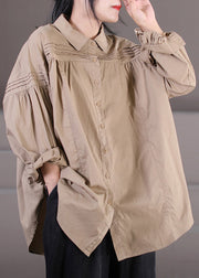 Khaki Peter Pan Collar Button Shirts Long Sleeve