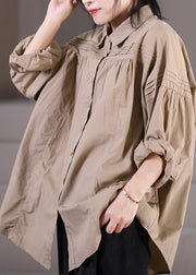 Khaki Peter Pan Collar Button Shirts Long Sleeve