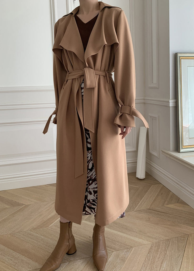 Khaki Peter Pan Collar Tie Waist Trench Coats Long Sleeve