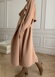 Khaki Peter Pan Collar Tie Waist Trench Coats Long Sleeve