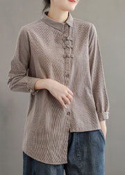 Khaki Plaid Cotton Blouse Tops Asymmetrical Button Long Sleeve