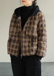 Khaki Plaid Fine Cotton Filled Puffers Jackets Zip Up Winter