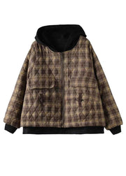 Khaki Plaid Fine Cotton Filled Puffers Jackets Zip Up Winter