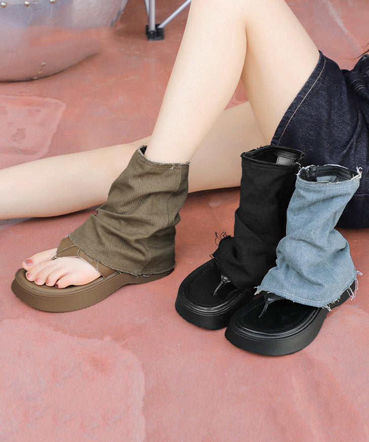 Khaki Platform Chic Hollow Out Denim Thong Sandals Boots