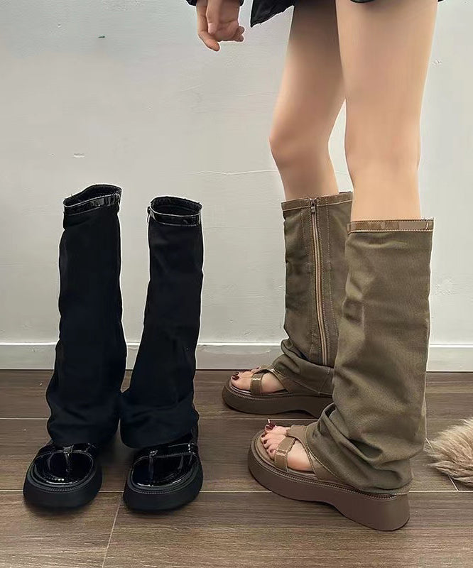 Khaki Platform Denim Casual Hollow Out Thong Sandals Boots