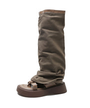 Khaki Platform Denim Casual Hollow Out Thong Sandals Boots