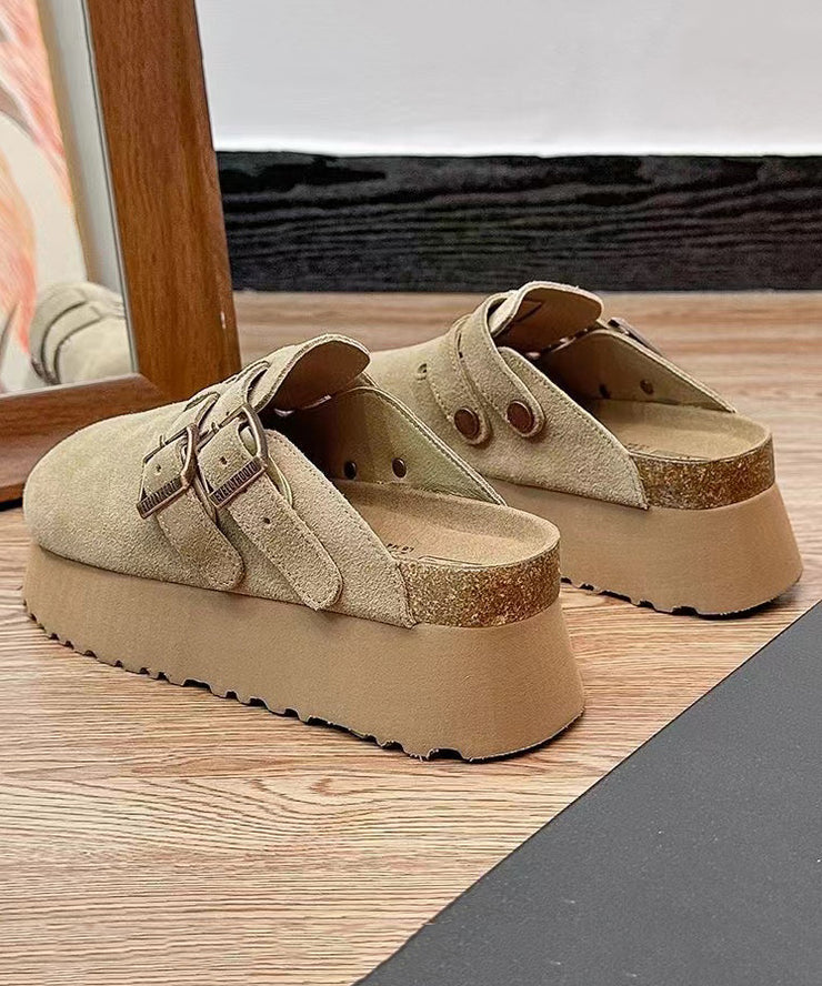 Khaki Platform Suede Handmade Splicing Slide Sandals