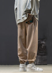 Khaki Pockets Patchwork Cotton Men Crop Pants Embroideried