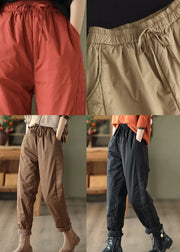 Khaki Pockets Patchwork Fine Cotton Filled Pants Elastic Waist Winter