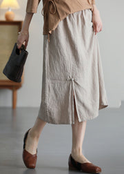 Khaki Pockets Patchwork Linen Skirt Elastic Waist Summer
