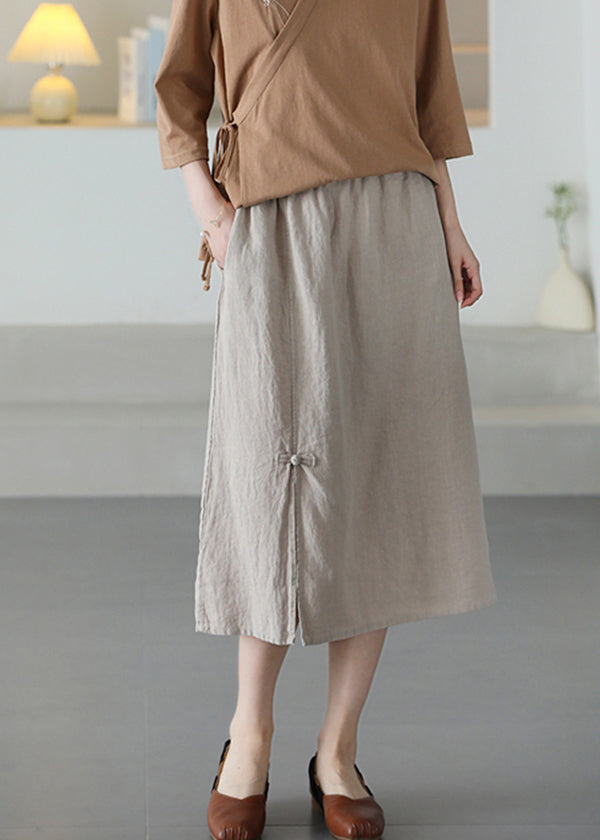 Khaki Pockets Patchwork Linen Skirt Elastic Waist Summer