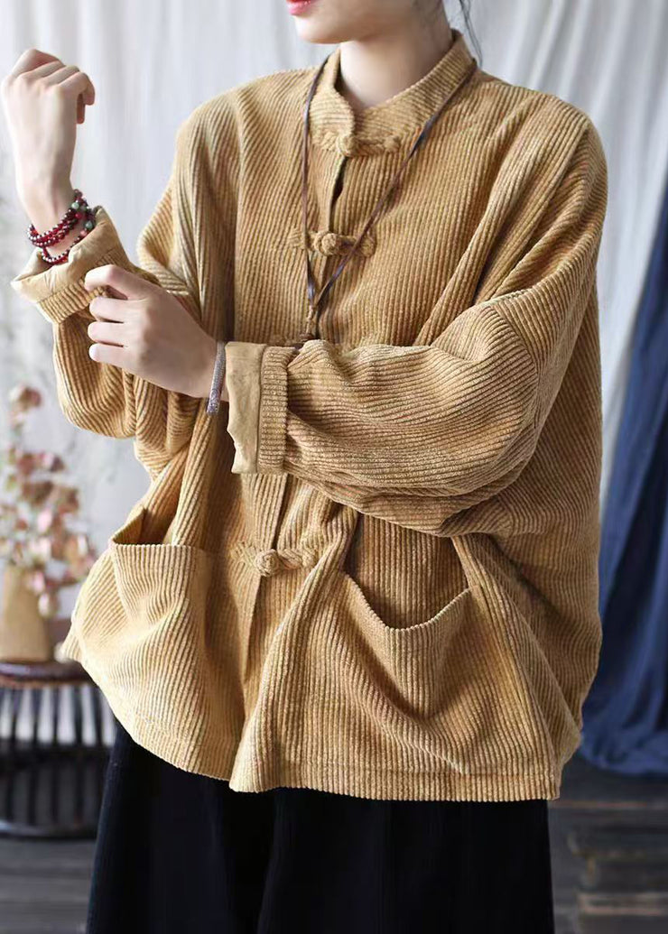 Khaki Pockets Retro Corduroy Coat Oriental Button Spring