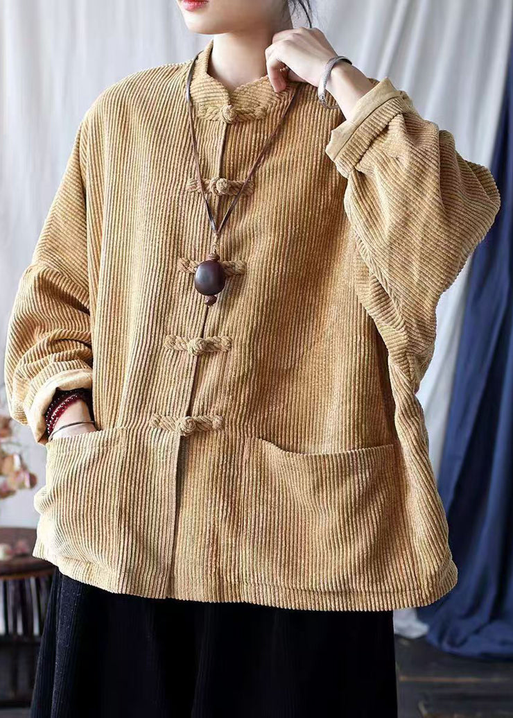 Khaki Pockets Retro Corduroy Coat Oriental Button Spring