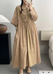 Khaki Pockets Solid Cotton Dresses Stand Collar Spring