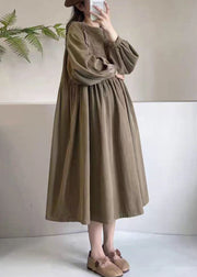 Khaki Pockets Wrinkled Corduroy Long Dress O Neck Long Sleeve