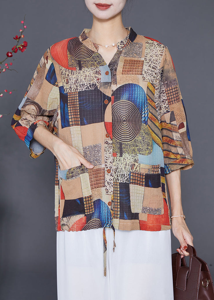 Khaki Print Chiffon Shirts Stand Collar Drawstring Half Sleeve