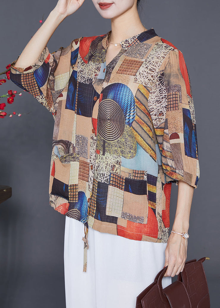 Khaki Print Chiffon Shirts Stand Collar Drawstring Half Sleeve