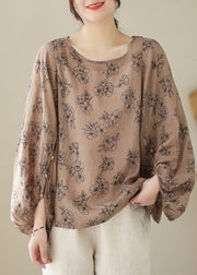 Khaki Print Cotton Blouses Oversized Lantern Sleeve