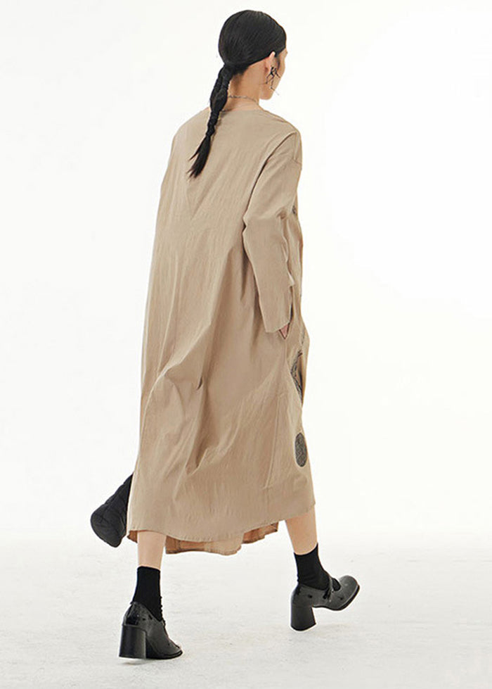 Khaki Print Cotton Long Dress O-Neck Oversized Spring