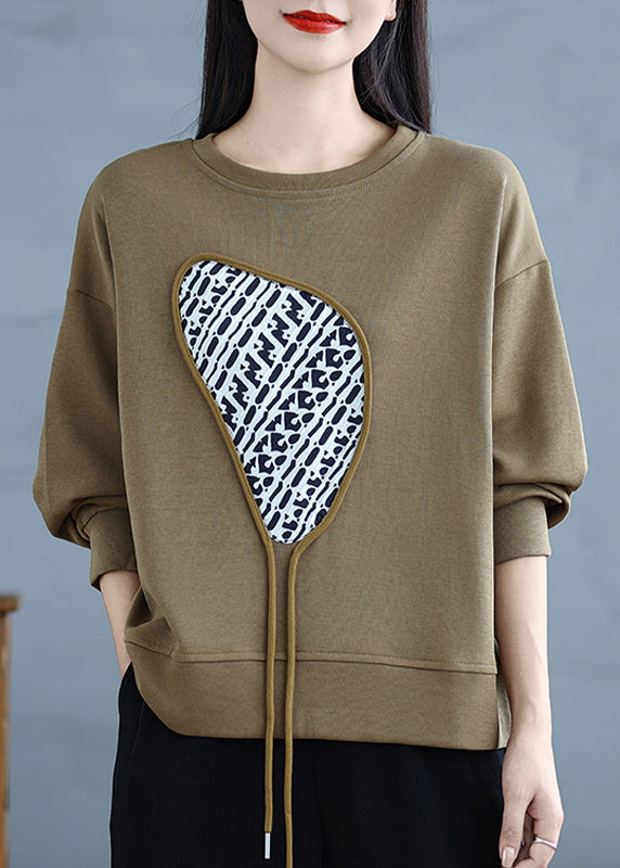 Khaki Print Cotton Pullover Streetwear Tasseled Spring