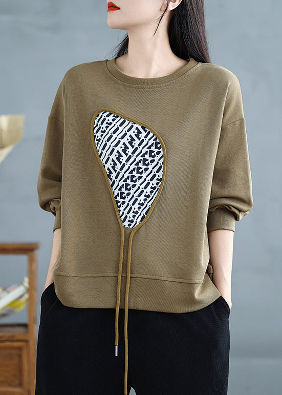 Khaki Print Cotton Pullover Streetwear Tasseled Spring