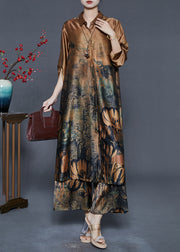 Khaki Print Draping Silk Two Pieces Set Oversized Fall