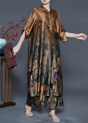 Khaki Print Draping Silk Two Pieces Set Oversized Fall