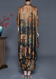 Khaki Print Draping Silk Two Pieces Set Oversized Fall