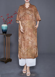 Khaki Print Linen Dress Chinese Button Side Open Summer