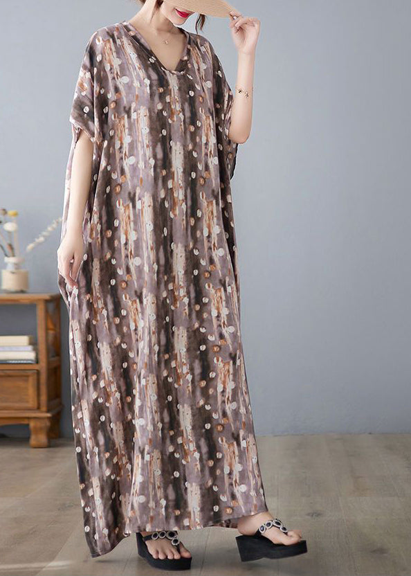 Khaki Print Linen Dresses Caftan Oversized Summer