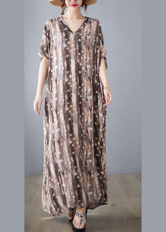 Khaki Print Linen Dresses Caftan Oversized Summer