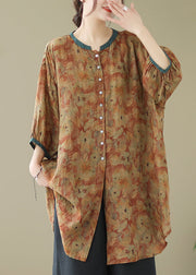 Print5 Linen Shirt Dresses O-Neck Oversized Lantern Sleeve