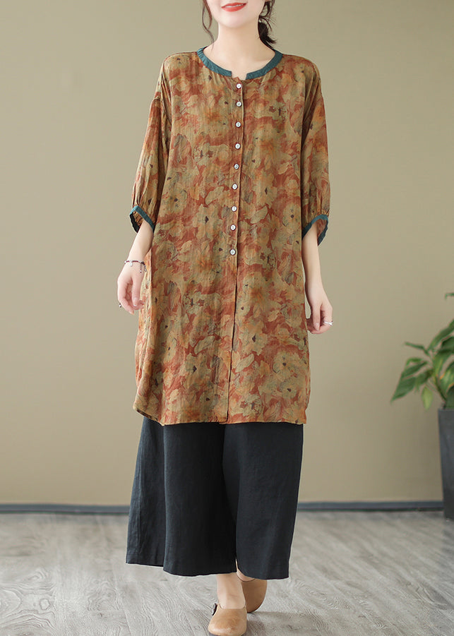 Print4 Linen Shirt Dresses O-Neck Oversized Lantern Sleeve